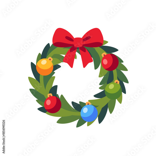 Christmas wreath with red bow and colorful ornaments, icon, isolated flat style vector illustration