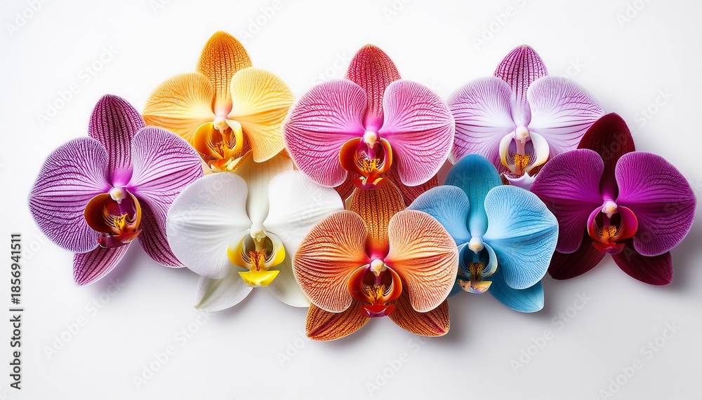 Obraz premium Stunning Array Of Colorful Phalaenopsis Orchids Against A Pure White Background Nature Orchid