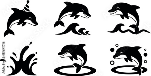 Dolphin silhouettes jumping and splashing in water waves and bubbles vector illustration 