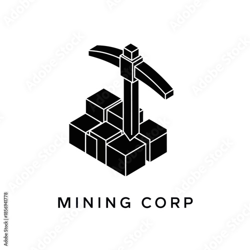 Mining Corp Logo with Pickaxe and Cubes.