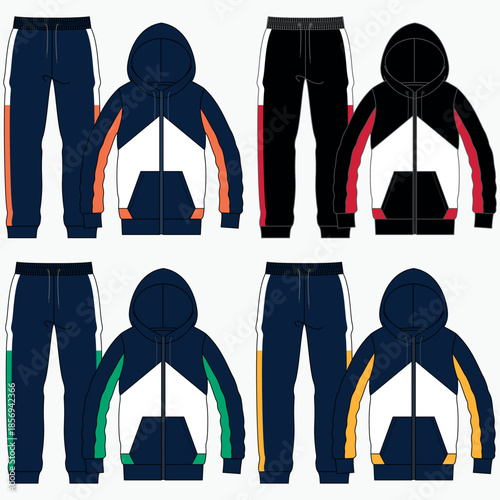 Fashionable tracksuit with pants and jacket featuring color blocks and in some cases decorative elements, fashionable winter designs and stylish everyday wear for ladies, gentlemen, boys and girls.