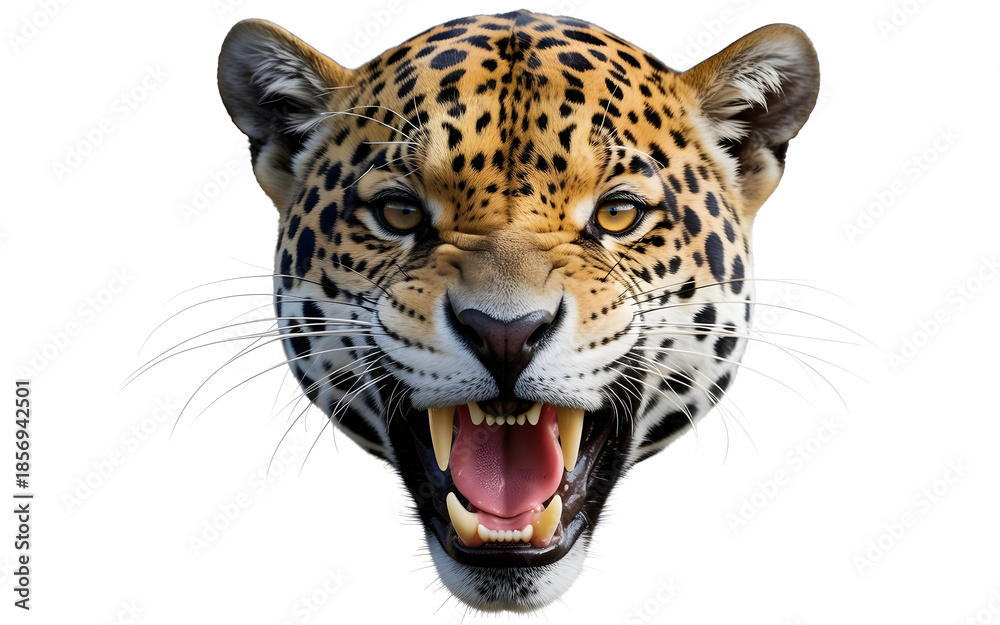 Fototapeta premium Roaring Jaguar Face Close Up | Fierce Big Cat Portrait Isolated | Jaguar Showing Teeth Aggressive Expression | Powerful Wild Jaguar Headshot | Dangerous Predator Animal Portrait | Jaguar Snarling F.