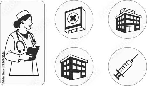 Set of medical and healthcare icons doctor, hospital, clinic, syringe