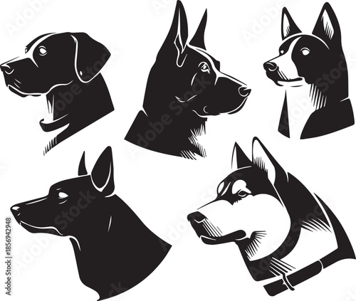 Five Dog Face Silhouette Vector Set