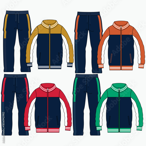 Fashionable tracksuit with pants and jacket featuring color blocks and in some cases decorative elements, fashionable winter designs and stylish everyday wear for ladies, gentlemen, boys and girls.