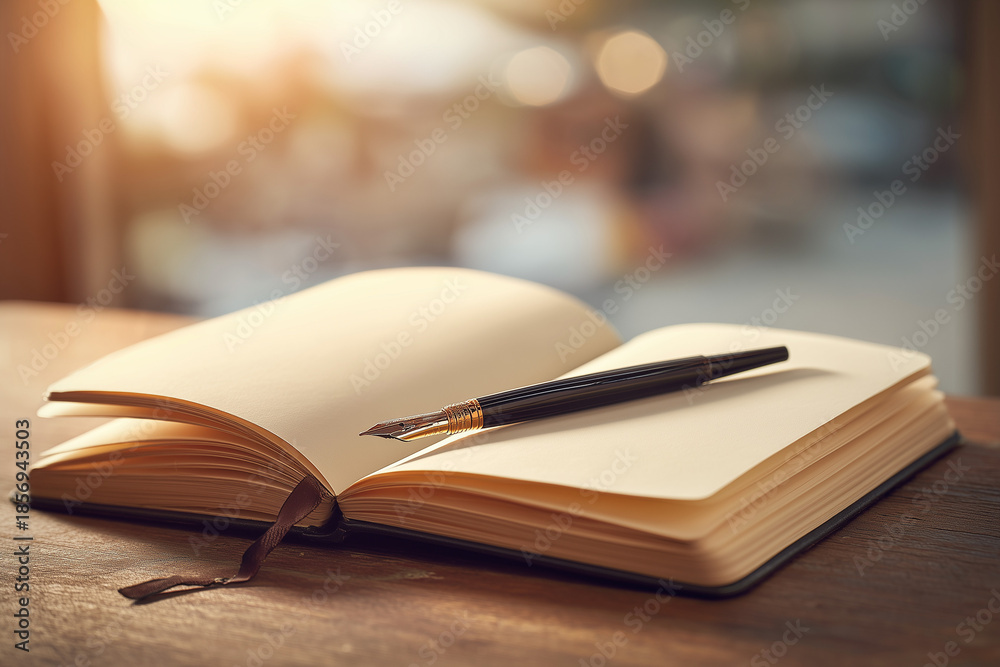 Naklejka premium Fountain pen resting on an open notebook with blank pages