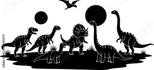 Silhouette of Various Dinosaurs in Black Vector Illustration with Flying Pterosaur and Grass Landscape 