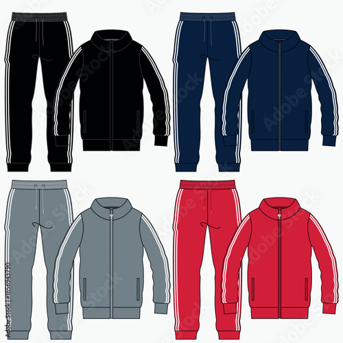 Fashionable tracksuit with pants and jacket featuring color blocks and in some cases decorative elements, fashionable winter designs and stylish everyday wear for ladies, gentlemen, boys and girls.