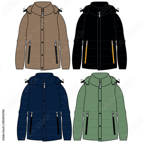 Silhouette of winter jacket sets, with cuts and volume, hood and some decorative elements for both ladies and gentlemen, boys and girls fashion.