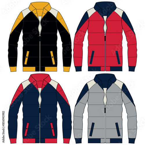 Silhouette of winter jacket sets, with cuts and volume, hood and some decorative elements for both ladies and gentlemen, boys and girls fashion.