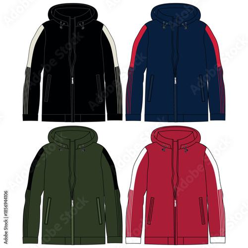 Silhouette of winter jacket sets, with cuts and volume, hood and some decorative elements for both ladies and gentlemen, boys and girls fashion.