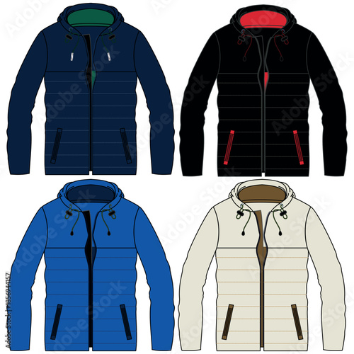 Silhouette of winter jacket sets, with cuts and volume, hood and some decorative elements for both ladies and gentlemen, boys and girls fashion.