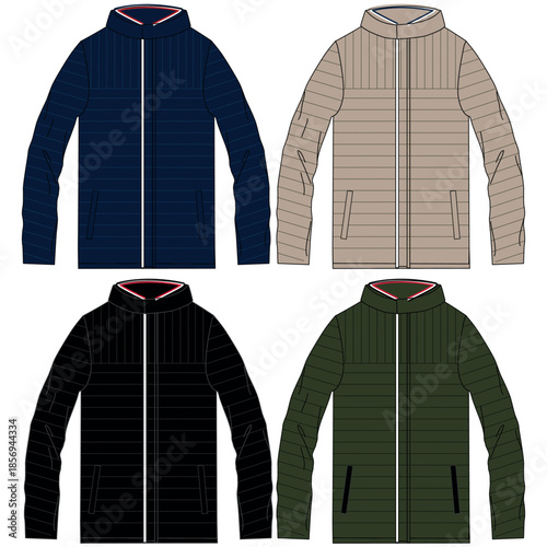 Silhouette of winter jacket sets, with cuts and volume, hood and some decorative elements for both ladies and gentlemen, boys and girls fashion.