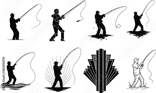 Stylized fishing pose illustrations, black and white silhouette art, abstract angler design, geometric casting motion, creative outdoor concept