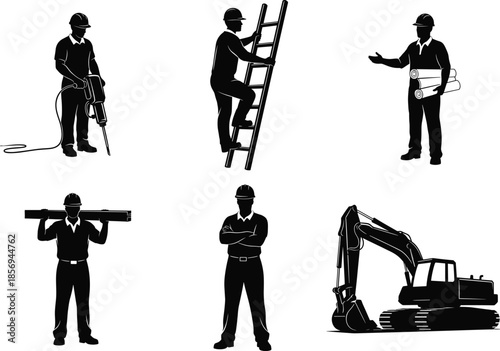Stylized construction worker and equipment illustrations, black and white silhouette art, site labor pose, heavy machinery concept design