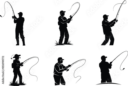 Stylized fishing illustrations, black and white silhouette art, casting and reeling pose, outdoor activity concept, dynamic angler design