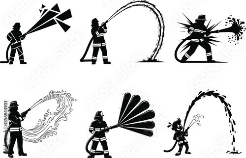 Stylized firefighter hose illustrations, black and white silhouette art, water spray patterns, emergency response concept, dynamic rescue pose design