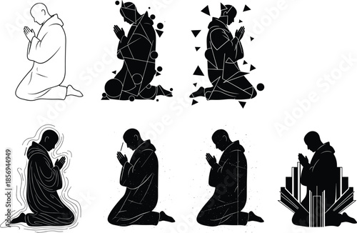 Stylized kneeling prayer illustrations, black and white spiritual silhouette art, meditation pose, abstract worship design, emotional devotion concept