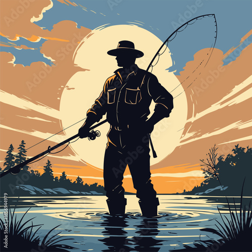 silhouette vector image of a fisherman against a sunset background