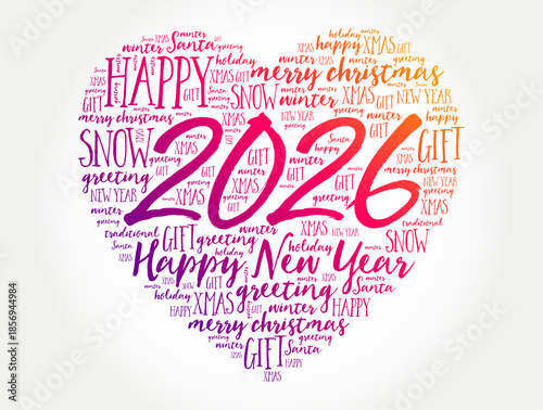 2026 in a heart-shaped word cloud surrounded by happy, snow, greeting, Xmas, gift and merry Christmas text, forming a warm seasonal New Year design with decorative holiday wording