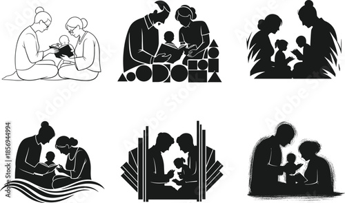 Stylized adults reading to children, family literacy illustration, black and white bonding art, parenting education concept, nurturing storytelling design