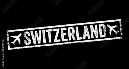 Switzerland - is a landlocked country located in west-central Europe, text emblem stamp with airplane