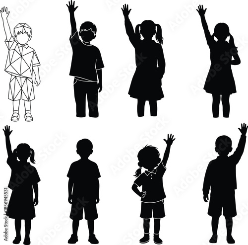Silhouette children raising hands, classroom participation concept, geometric and black design, diverse student illustration, education theme, school kids art