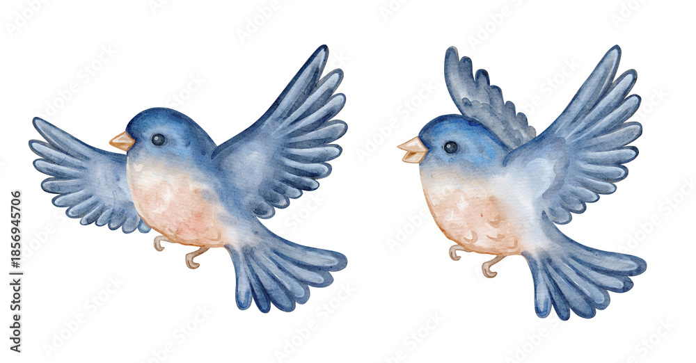 Obraz premium Watercolor flying birds doves set. Romantic birds illustration isolated on transparent background, symbol of love, peace and wedding ceremony, perfect for invitations, cards and celebration design.