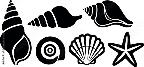 Various black seashell and starfish silhouette vector illustrations in simple style 