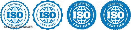 Blue ISO Certified Quality Assurance Seals with Globe Icons Vector Set