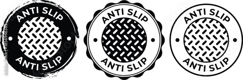 Set of Black and White Anti Slip Round Vector Icons with Tread Pattern