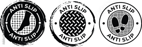 Distressed 'ANTI SLIP' Vector Icon Set with Foot and Shoe Print Symbols