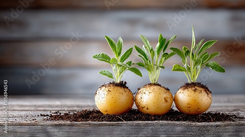   Three potatoes atop a dirt mound beside wooden table