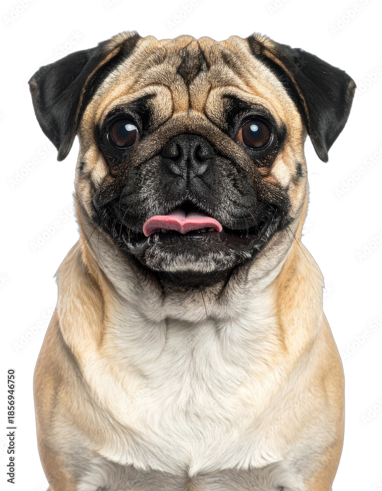 Fototapeta premium Close-up portrait of a happy fawn Pug dog with its tongue out against a black background.