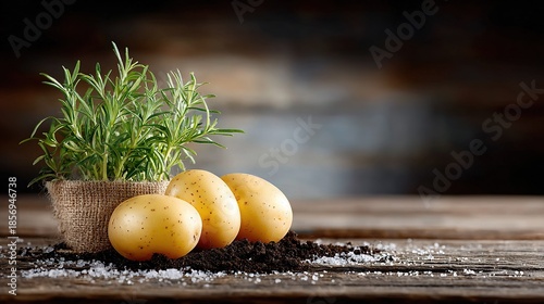  Potted plant atop dirt mound, adjacent to eggs on wooden tabletop