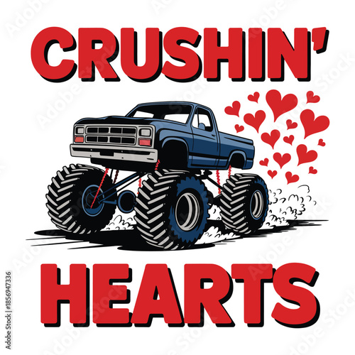 Crushin’ Hearts Monster Truck Valentine Illustration with Red Hearts