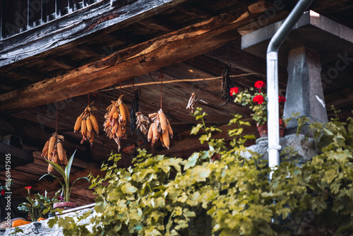 Фотография Telephoto detail of Asturias horreo underside with weathered wooden beams and ba