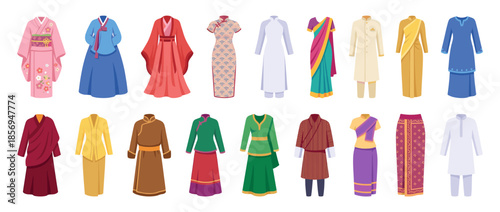 A collection of diverse traditional garments from various cultures, displayed in a row.