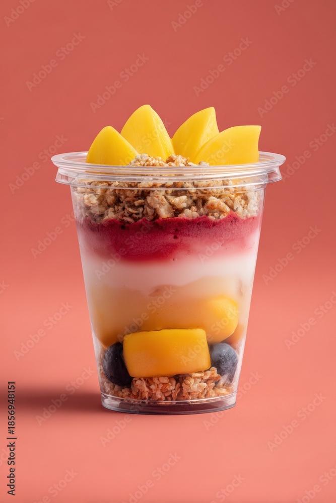 Fototapeta premium Studio Image of Acai, Granola, and Mango Cup on Coral Background
