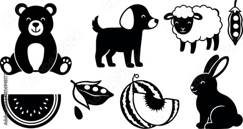 Silhouettes of Bear Puppy Sheep Rabbit and Fruit Vector Illustration with Peas and Melon 