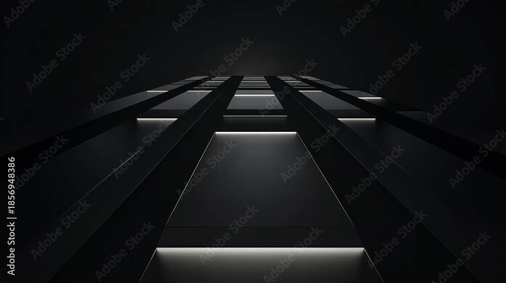 Obraz premium Pathway of glowing rectangles leads into a dark space with a clean perspective reflecting a corporate onboarding journey