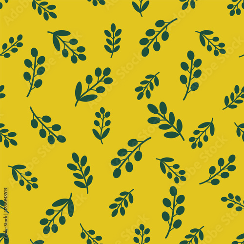 seamless pattern with green branches on a yellow background