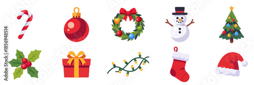 Christmas holiday icon set with candy cane, christmas bauble ornament, christmas stocking, christmas wreath, decorated christmas tree, gift box, holly sprig, santa hat, snowman, string lights