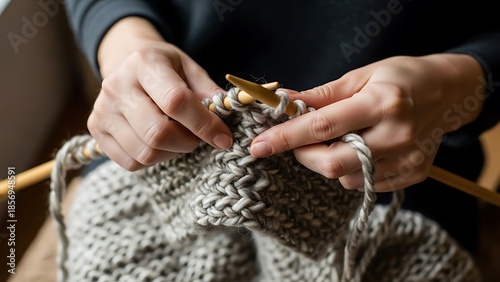 A person skillfully knitting with yarn and needles in a quiet moment