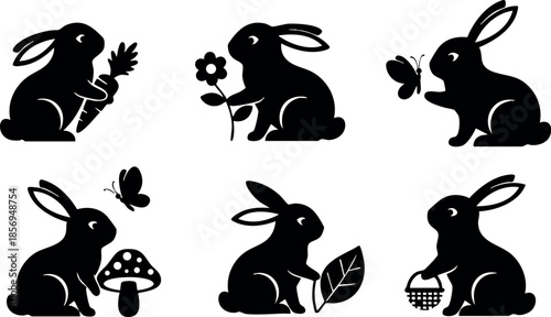 Rabbit silhouettes holding carrot flower leaf basket and butterfly vector illustration set 