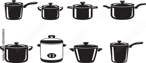 black and white silhouette of various pots and pans for cooking  kitchen utensils
