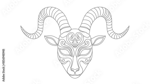 zodiac aries symbol, ram head with curved horns and swirling patterns