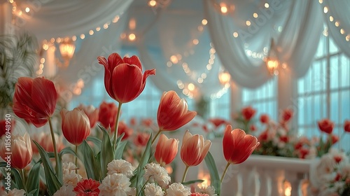   A bouquet of red and white tulips in a room with chandeliers