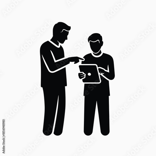 Two men discussing a tablet