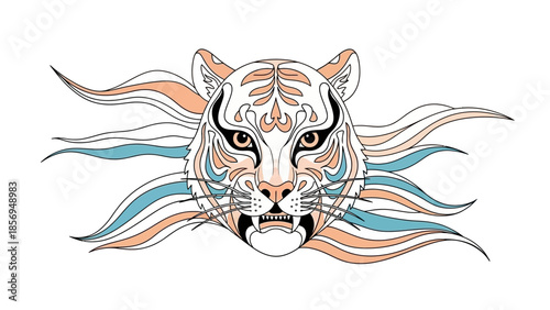 stylized tiger head with colorful flowing mane